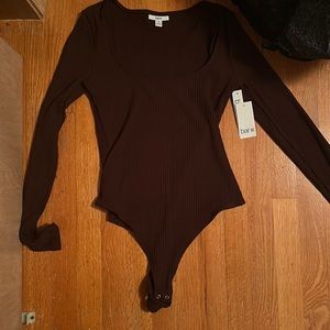 Brown body suit, brand bar III essentials